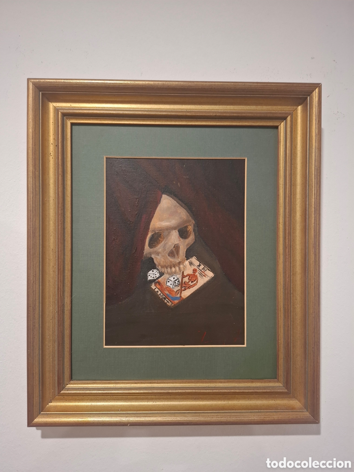 Arte: Cuadro al oleo carabela con los dados y la carta de la muerte