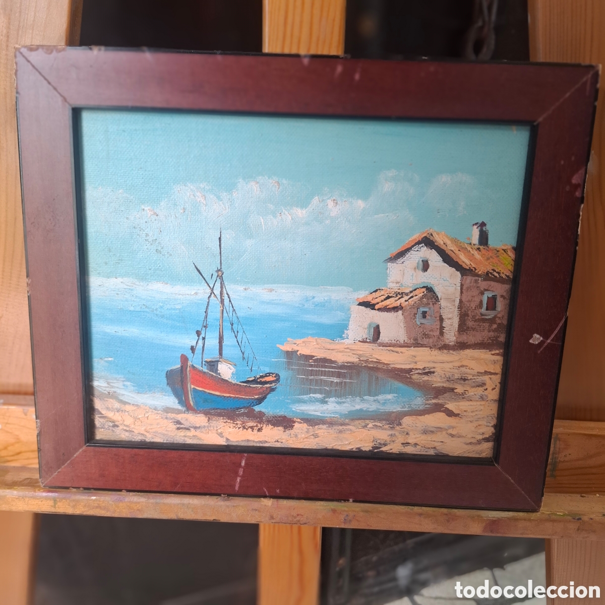 Arte: OLEO SOBRE TABLEX PAISAJE MARINO. Marco deteriorado (ver fotos). 29x24cms medida total