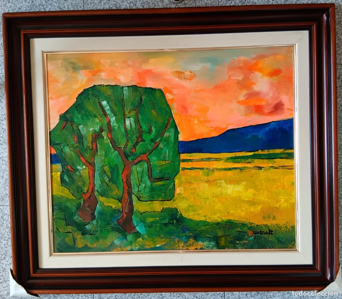 Arte: JOAN QUERALT DE QUADRAS - &Oacute;LEO SOBRE TELA ENMARCADO MADERA 97 X 84 - ARBRES I CAMPS - 1992.