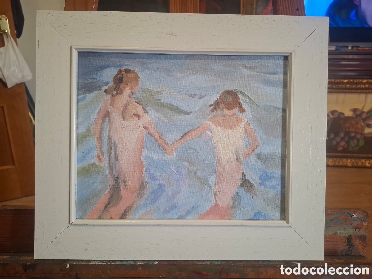 Arte: Oleo sobre lienzo ni&ntilde;os en la playa 40x34