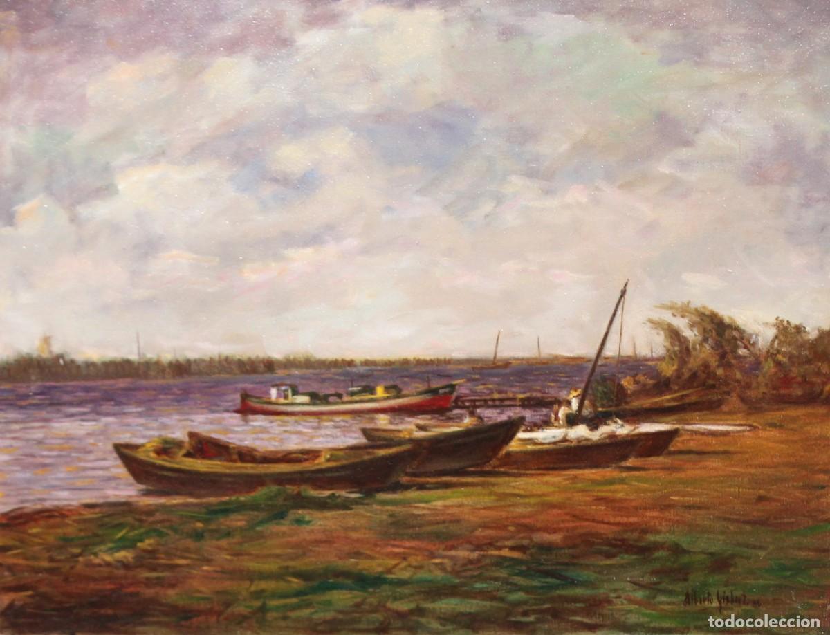 Arte: ALBERTO GISBERT SIURANA (Castellar-Oliveral, Valencia, 1923 - 2009) OLEO TELA. BARCAS EN LA ALBUFERA