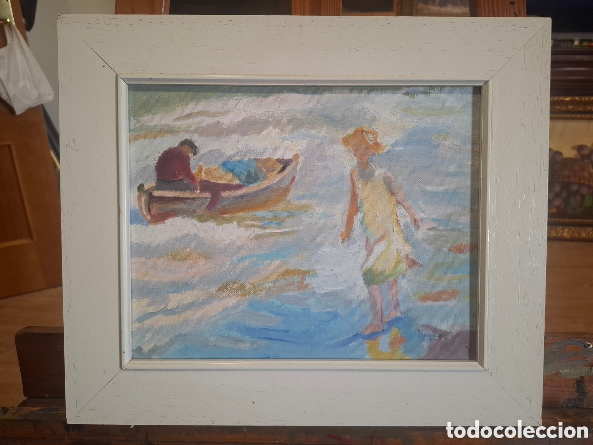 Arte: Oleo sobre lienzo ni&ntilde;os en la playa 40x34