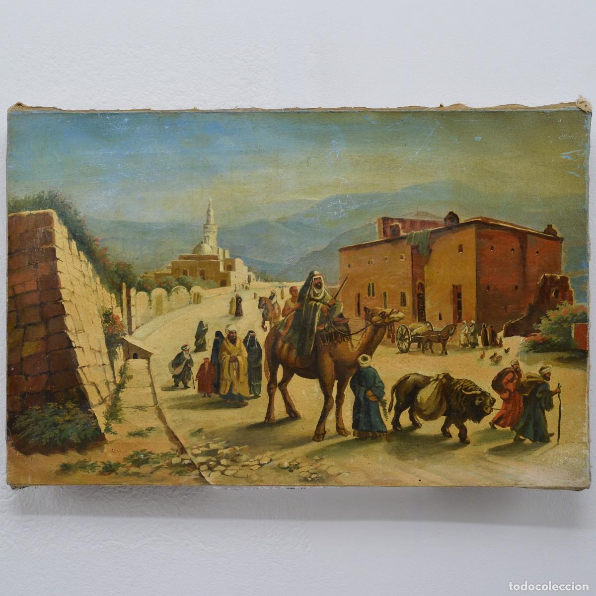 Arte: 19th Century Romantic Orientalism Eastern Cityscape Busy Street Scene Oil Canvas