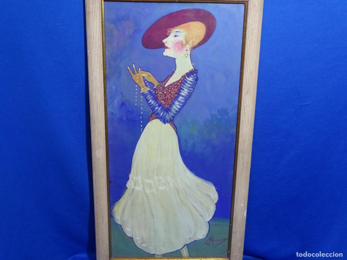 Arte: T&Eacute;CNICA MIXTA MODERNISTA SOBRE CARTULINA FIRMA ILEGIBLE. MUJER CON SOMBRERO.