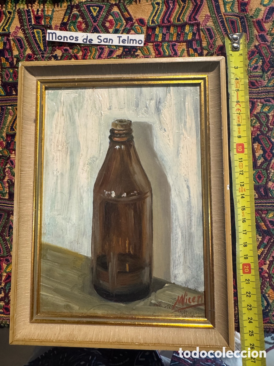 Arte: &Oacute;leo sobre tabla de botella antiguo