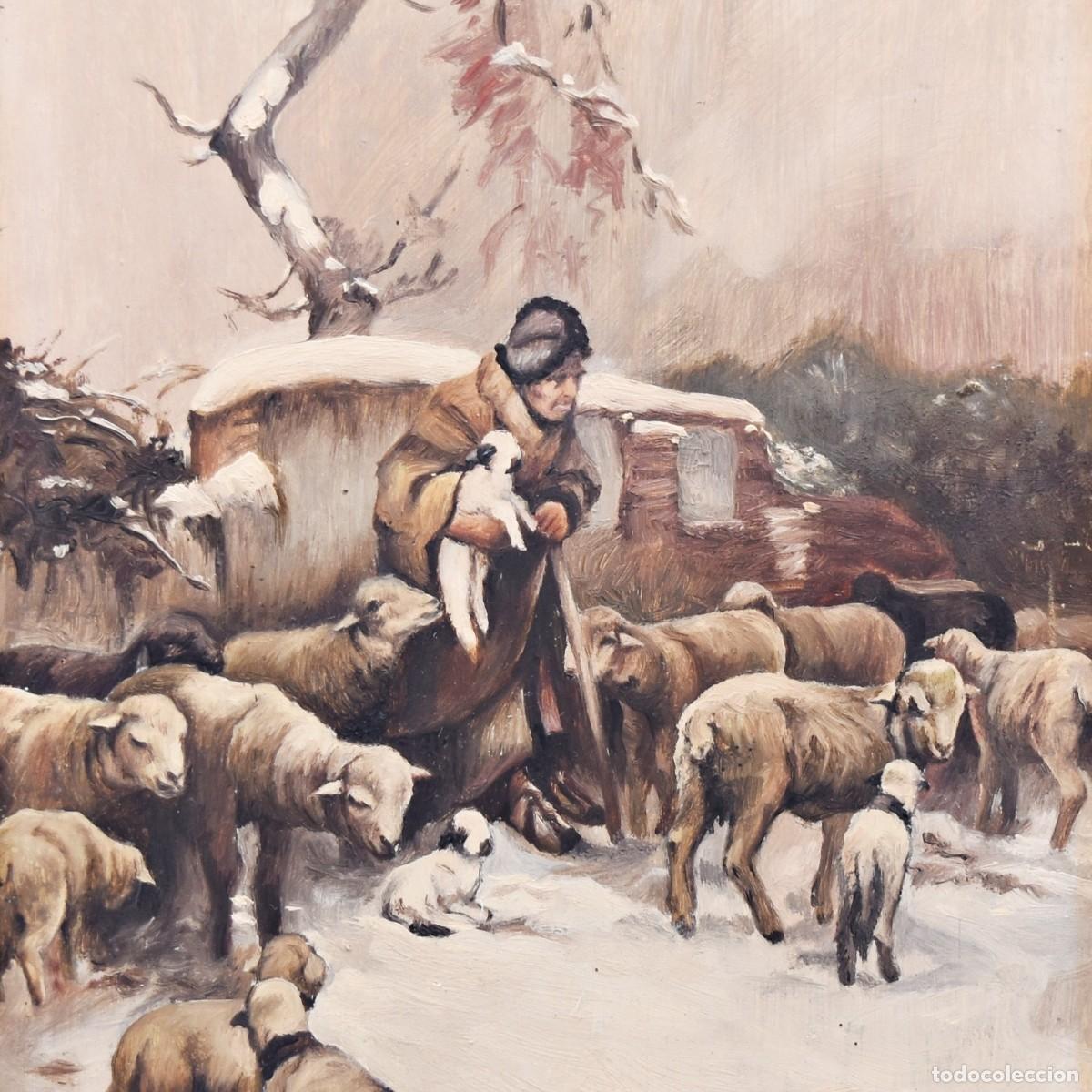 Arte: &Oacute;leo sobre tabla firmado - Pastor con reba&ntilde;o - M. Bolea