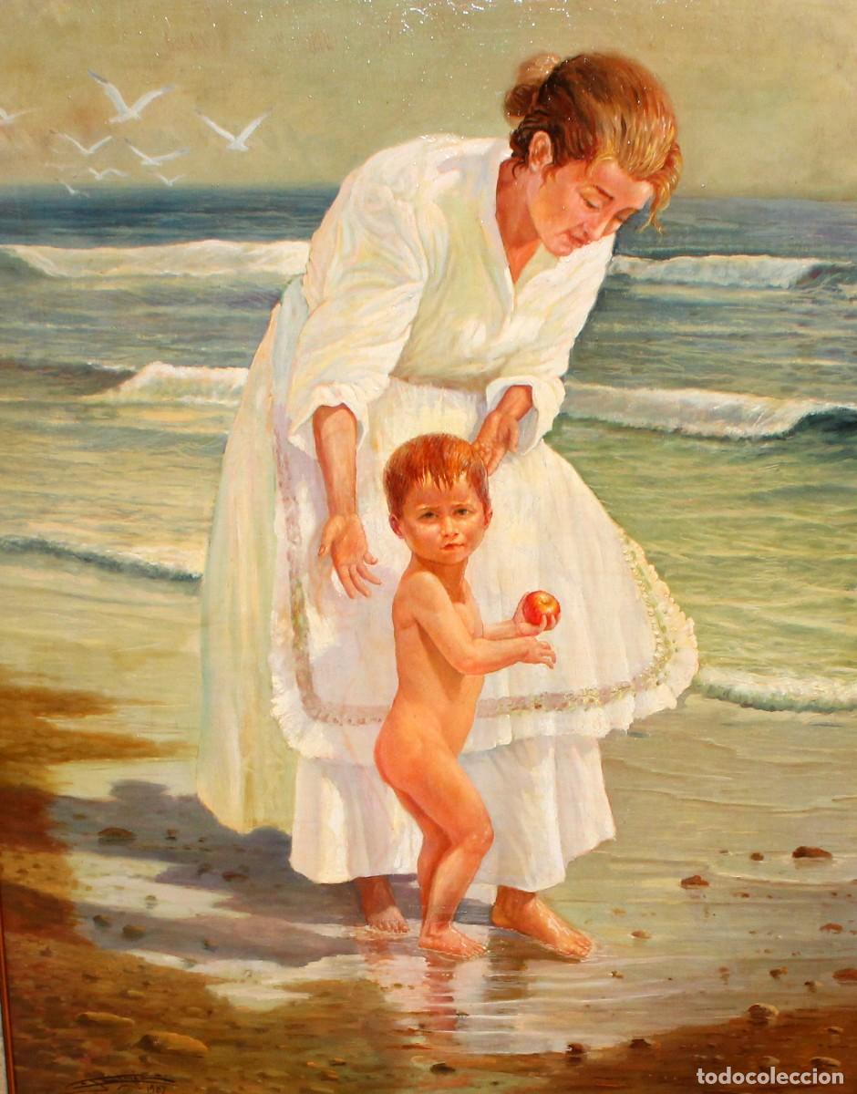 Arte: ESCUELA VALENCIANA DE AUTOR ILEGIBLE. OLEO SOBE PANEL. PASEANDO POR LA PLAYA