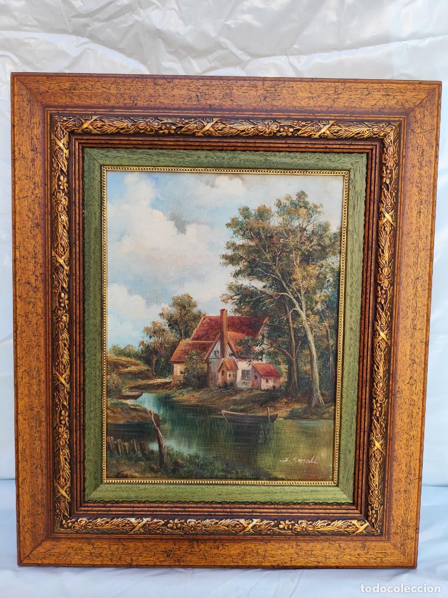 Arte: Cuadro antiguo &oacute;leo sobre lienzo, paisaje campestre con r&iacute;o y caba&ntilde;a &mdash; marco dorado tallado, a&ntilde;os 80
