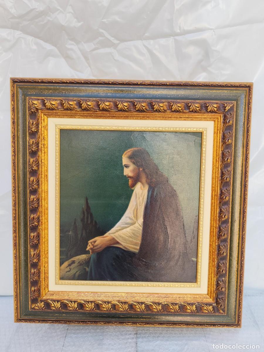 Arte: Cuadro religioso antiguo &oacute;leo sobre tabla &mdash; Cristo contemplativo &mdash; marco dorado tallado de calidad,