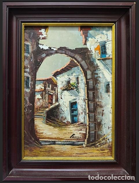 Arte: OLEO SOBRE LIENZO ESCENA DE PUEBLO CON ARCO PINTADO A ESPATULA (FIRMADO)- CUADRO-1151