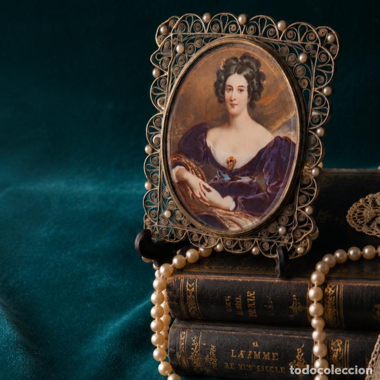 Arte: Miniatura antigua firmada Longpr&eacute; sobre marfil en marco de filigrana con perlas, Francia, circa 1890