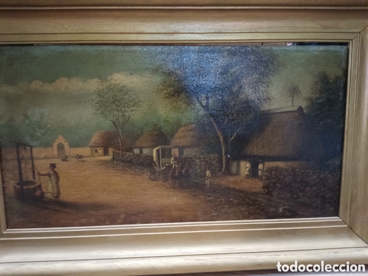 Arte: &Oacute;leo sobre lienzo an&oacute;nimo escena costumbrista creo colonial