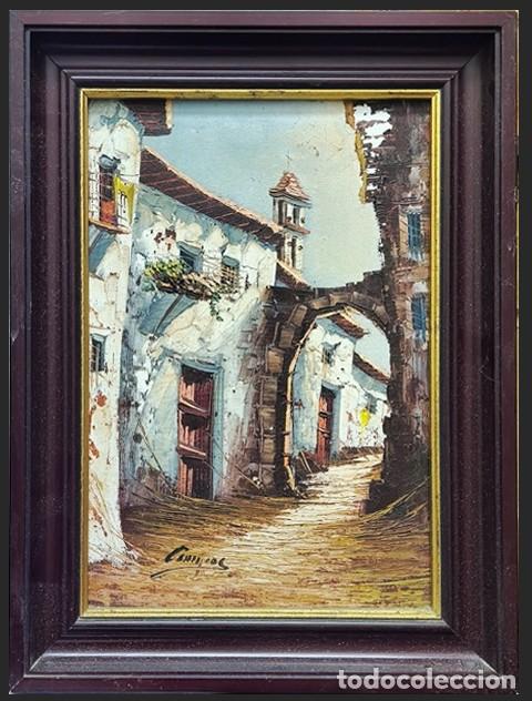 Arte: OLEO SOBRE LIENZO ESCENA DE PUEBLO CON ARCO PINTADO A ESPATULA (FIRMADO)- CUADRO-1152