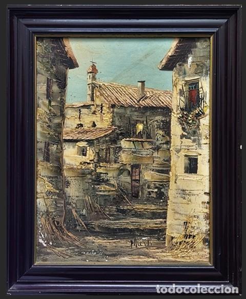 Arte: OLEO SOBRE LIENZO ESCENA DE PUEBLO PINTADO A ESPATULA (FIRMADO)- CUADRO-1153