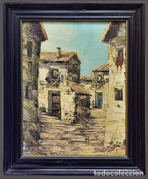 Arte: OLEO SOBRE LIENZO ESCENA DE PUEBLO PINTADO A ESPATULA (FIRMADO)- CUADRO-1154