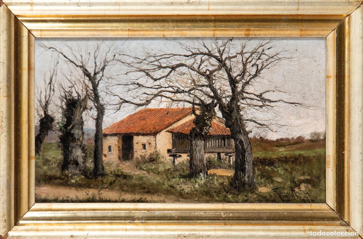 Arte: Paisaje asturiano &oacute;leo sobre tabla Manuel Ramos Artal escuela espa&ntilde;ola firmado y fechado en 1892