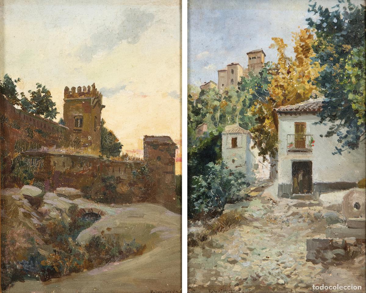 Arte: Pareja de vistas de Granada &oacute;leo sobre tabla Rafael Latorre Viedma escuela granadina del siglo XIX