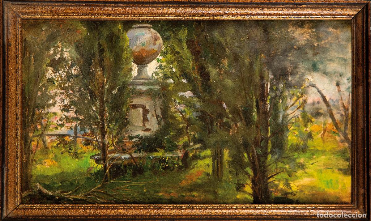 Arte: Paisaje vista de jard&iacute;n &oacute;leo sobre tabla escuela espa&ntilde;ola del siglo XIX