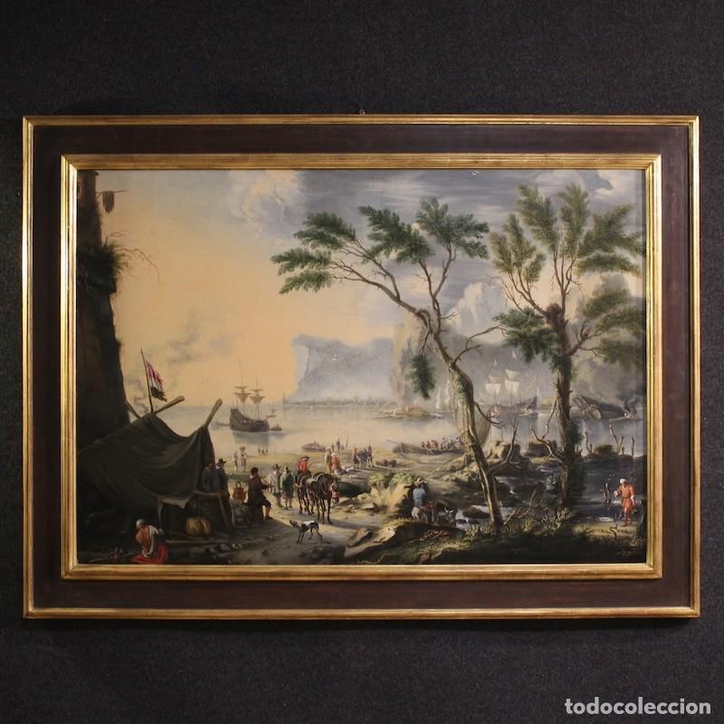 Arte: Pintura flamenca del siglo XVII, gran paisaje con veleros.