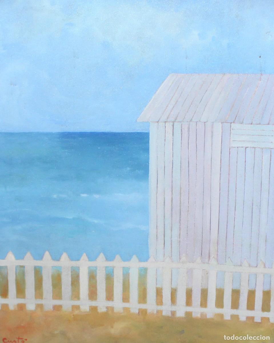 Arte: JOSEFA CUSTO PILA (1958) OLEO SOBRE TELA. CASETA DE PLAYA. 81 X 65 CM.