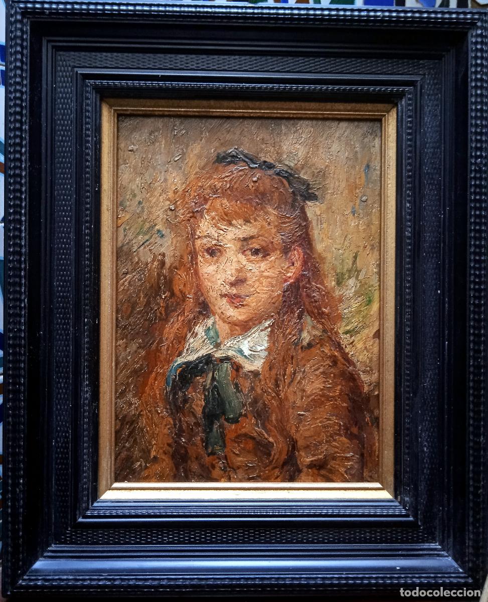 Arte: Escuela de Monticelli, finales del siglo XIX &ndash; Retrato de una joven con una cinta. &Oacute;leo sobre tabla.