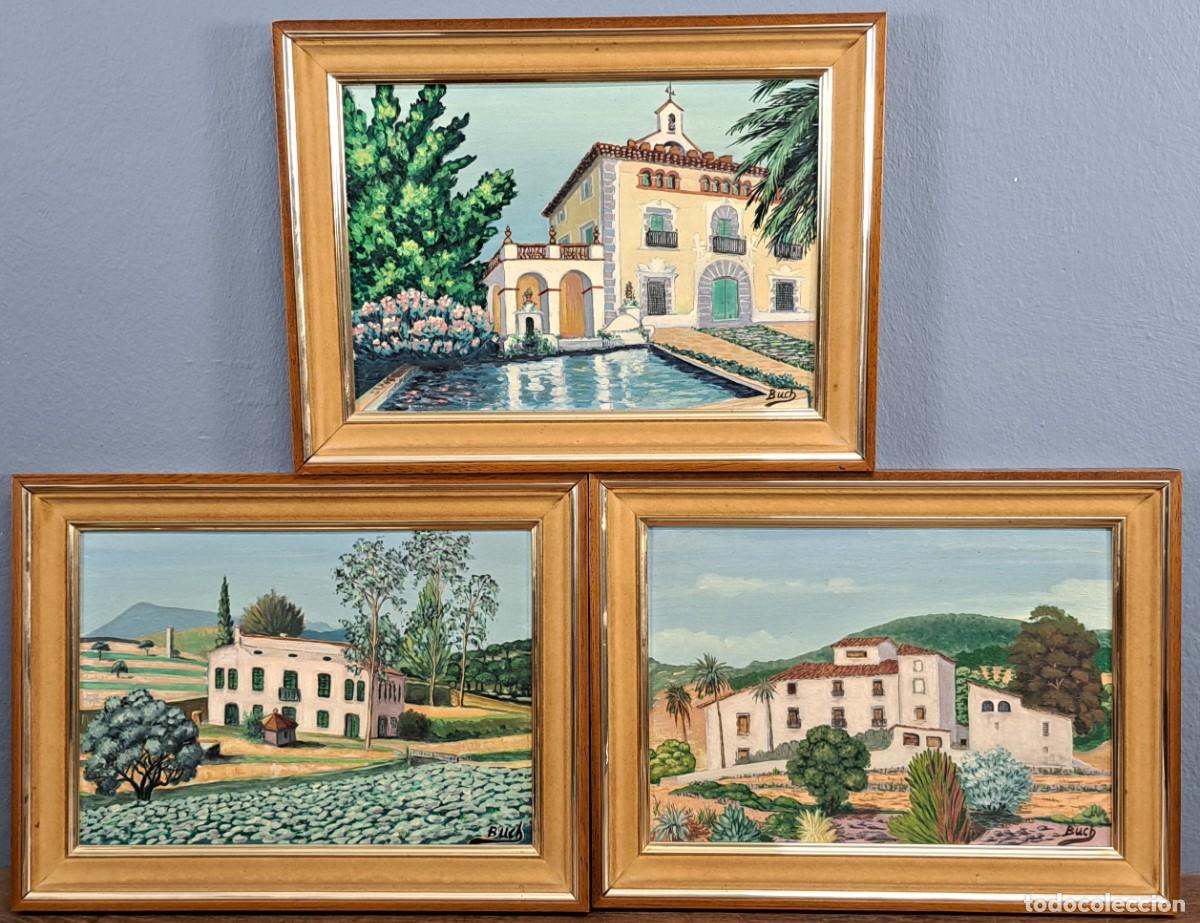 Arte: Conjunto de 3 &oacute;leos sobre tabla, mas&iacute;as de Sant Vicen&ccedil; de Montalt, firmados Buch