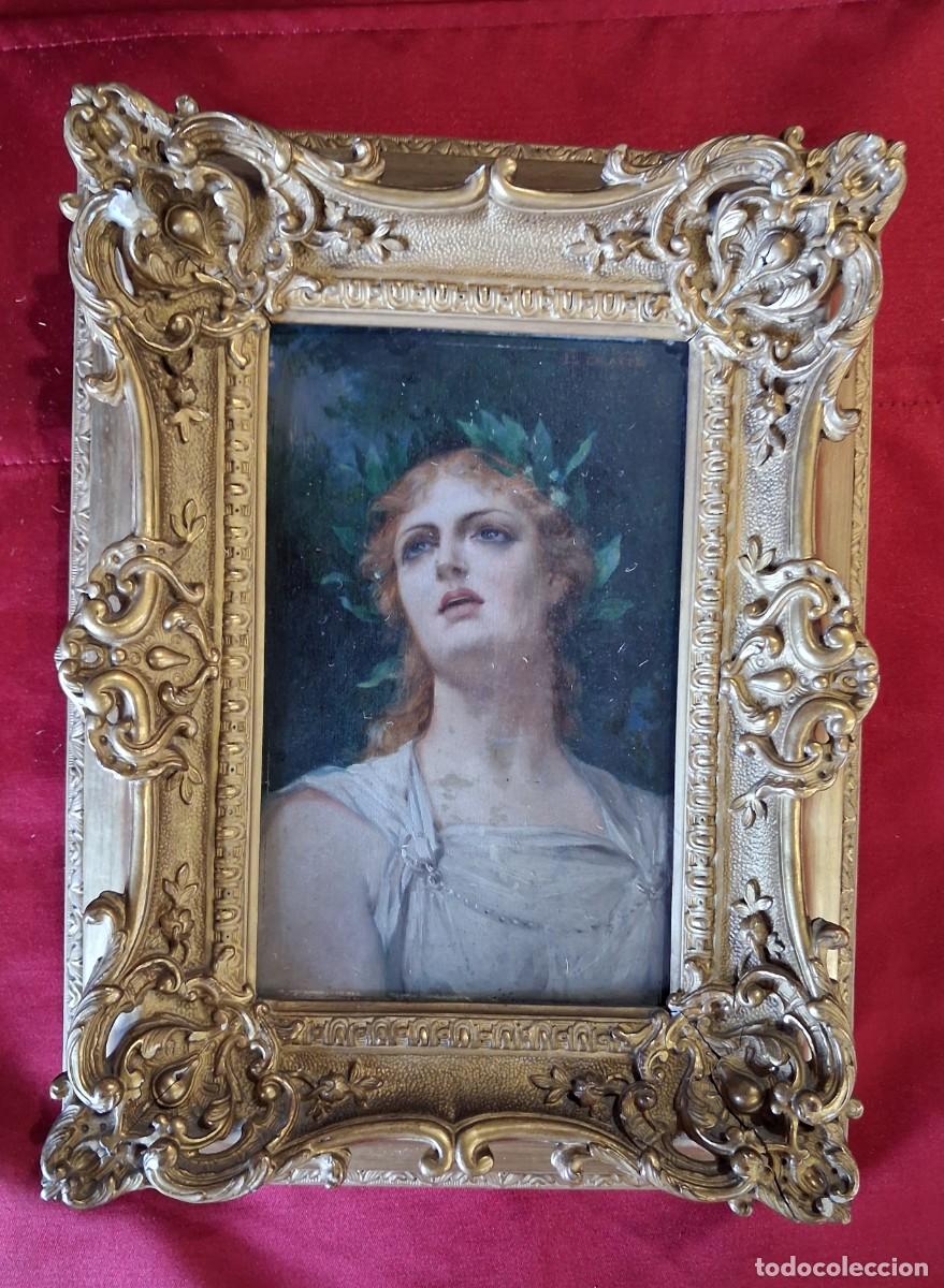 Arte: Fernand Lematte San Quintin 1850-1929) Busto de mujer con guirnalda oleo sobre tabla