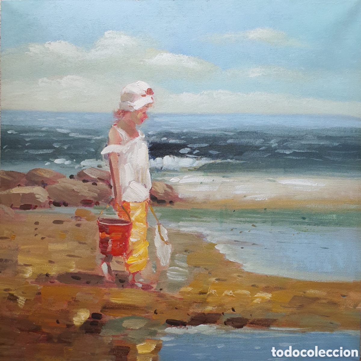 Arte: Escenas de playa en Nueva Inglaterra - Pareja de Oleos An&oacute;nimos.SXX.