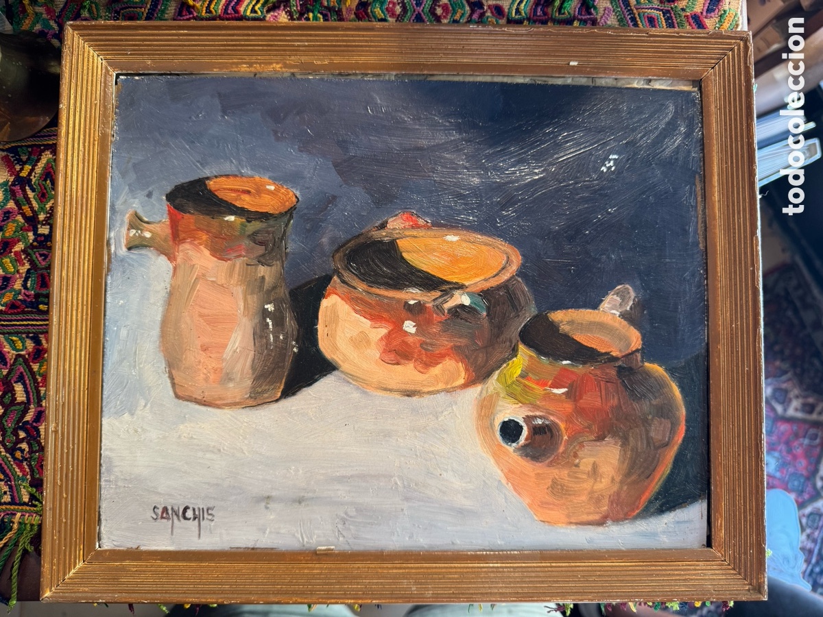 Arte: &Oacute;leo sobre tabla bodeg&oacute;n de chocolateras firmado Sanchis