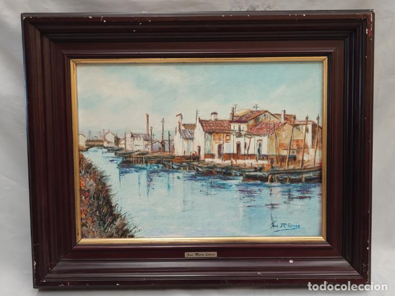 Arte: CUADRO, OLEO PINTURA SOBRE LIENZO, JOSE MARIA GOMEZ, PUEBLO JUNTO A RIA O SIM.