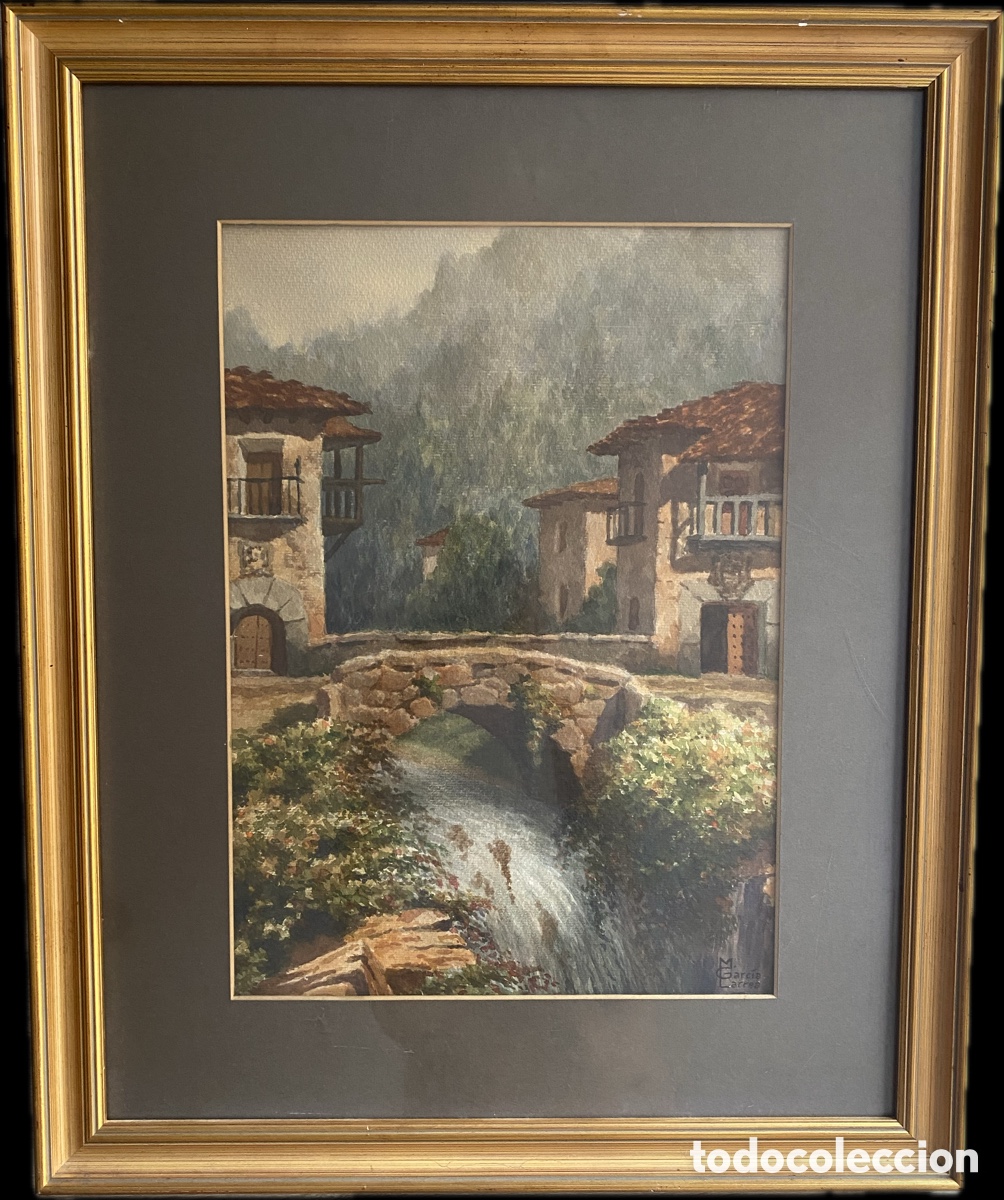 Arte: Manuel Garc&iacute;a Larrea. &Oacute;leo sobre lienzo. Paisaje con puente de piedra y casas rurales. 46 x 33 cm