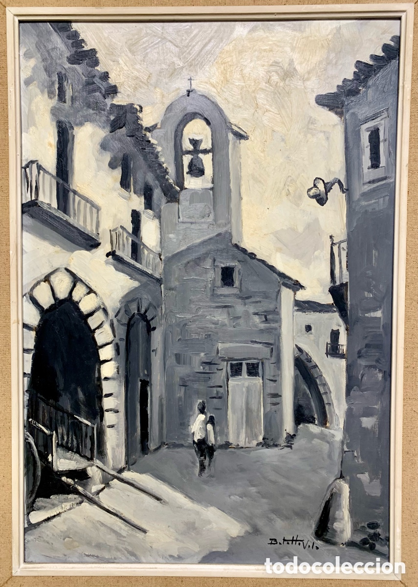 Arte: Ramon Batalla Vila 1943, pueblo en bitono, 37x53,5 obra y 50x67 con marco