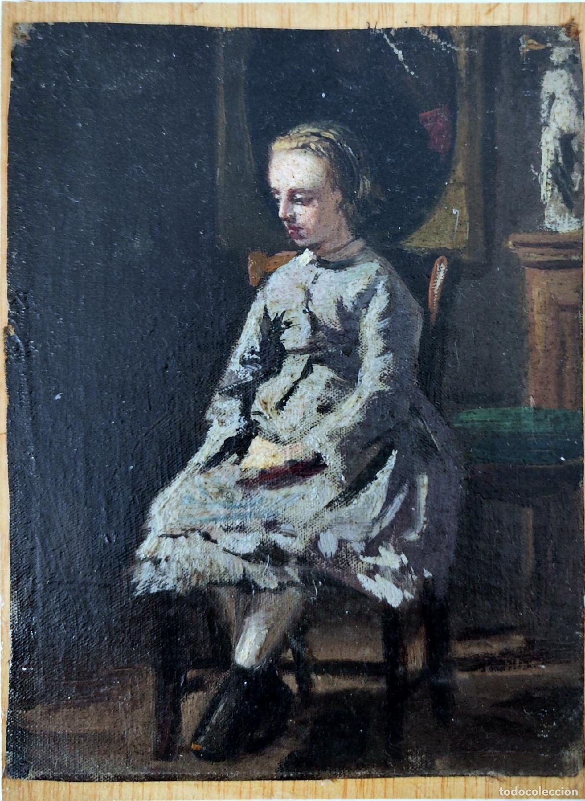 Arte: &Oacute;leo sobre lienzo. Retrato de ni&ntilde;a. C&iacute;rculo de Th&eacute;odule Ribot. 13,5 x 18,5 cm