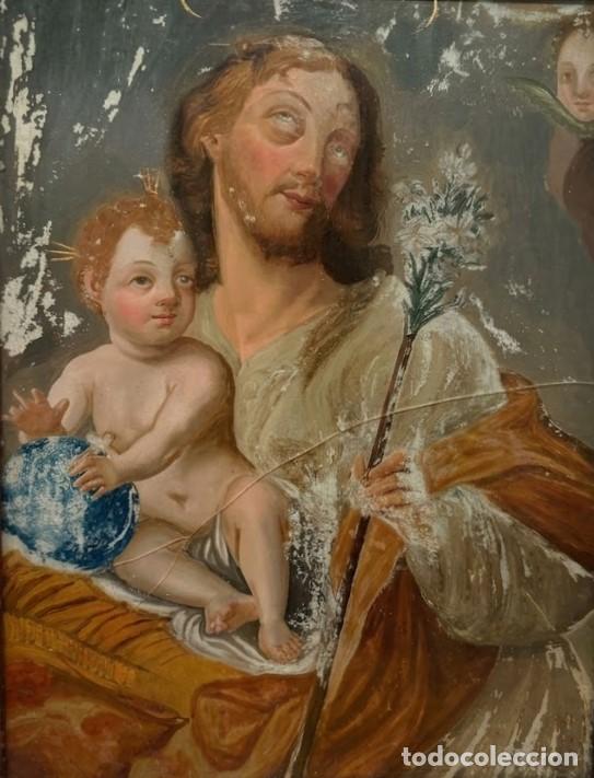 Arte: SAN JOS&Eacute; CON EL NI&Ntilde;O Y LA VARA DE AZUCENAS. AN&Oacute;NIMO. CRISTAL PINTADO. ESPA&Ntilde;A. SIGLO XVIII.