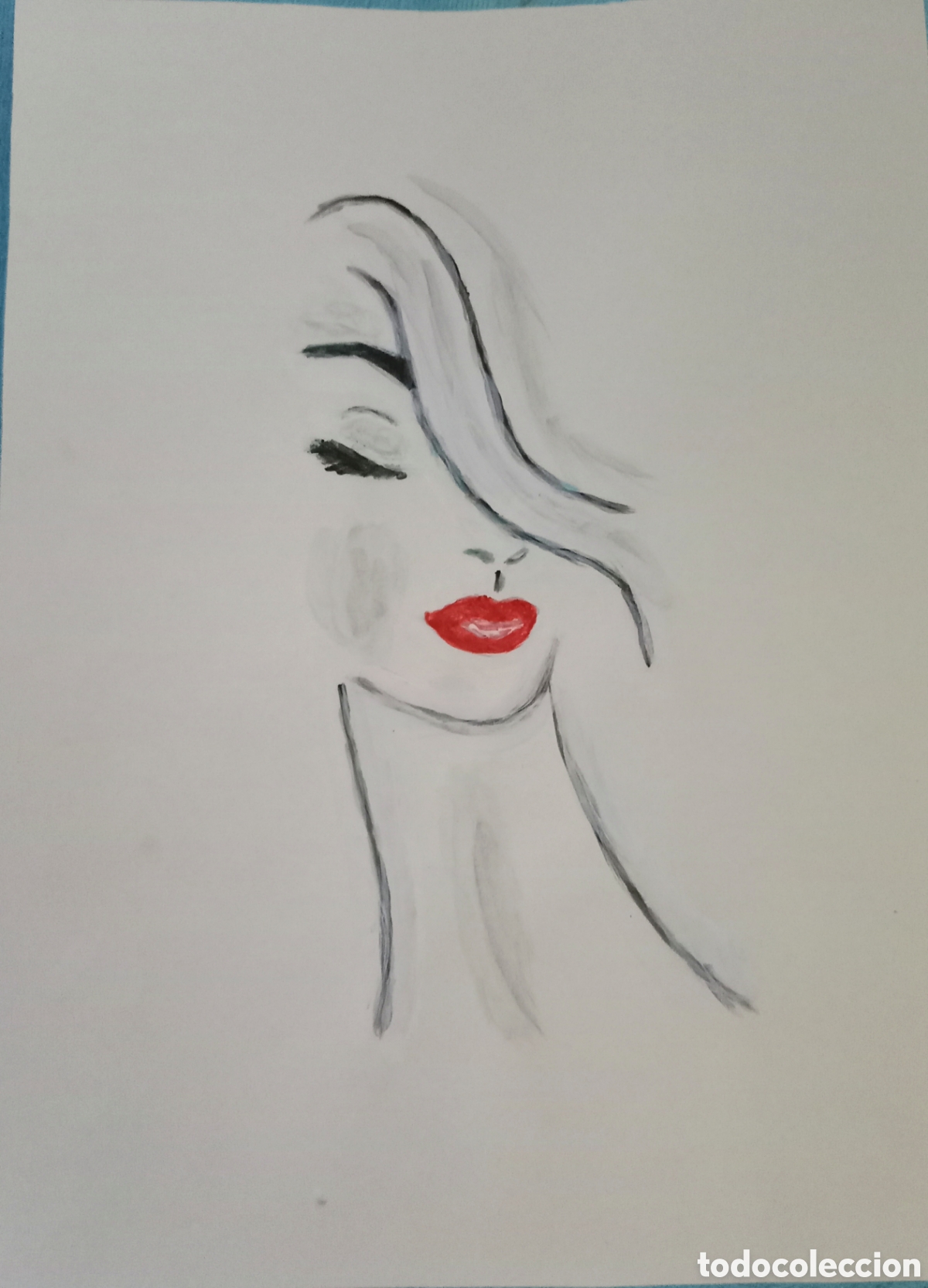 Arte: Original pintura mujer con flequillo trazos (13) (t&eacute;cnica mixta) acuarela y acr&iacute;lico sobre papel....