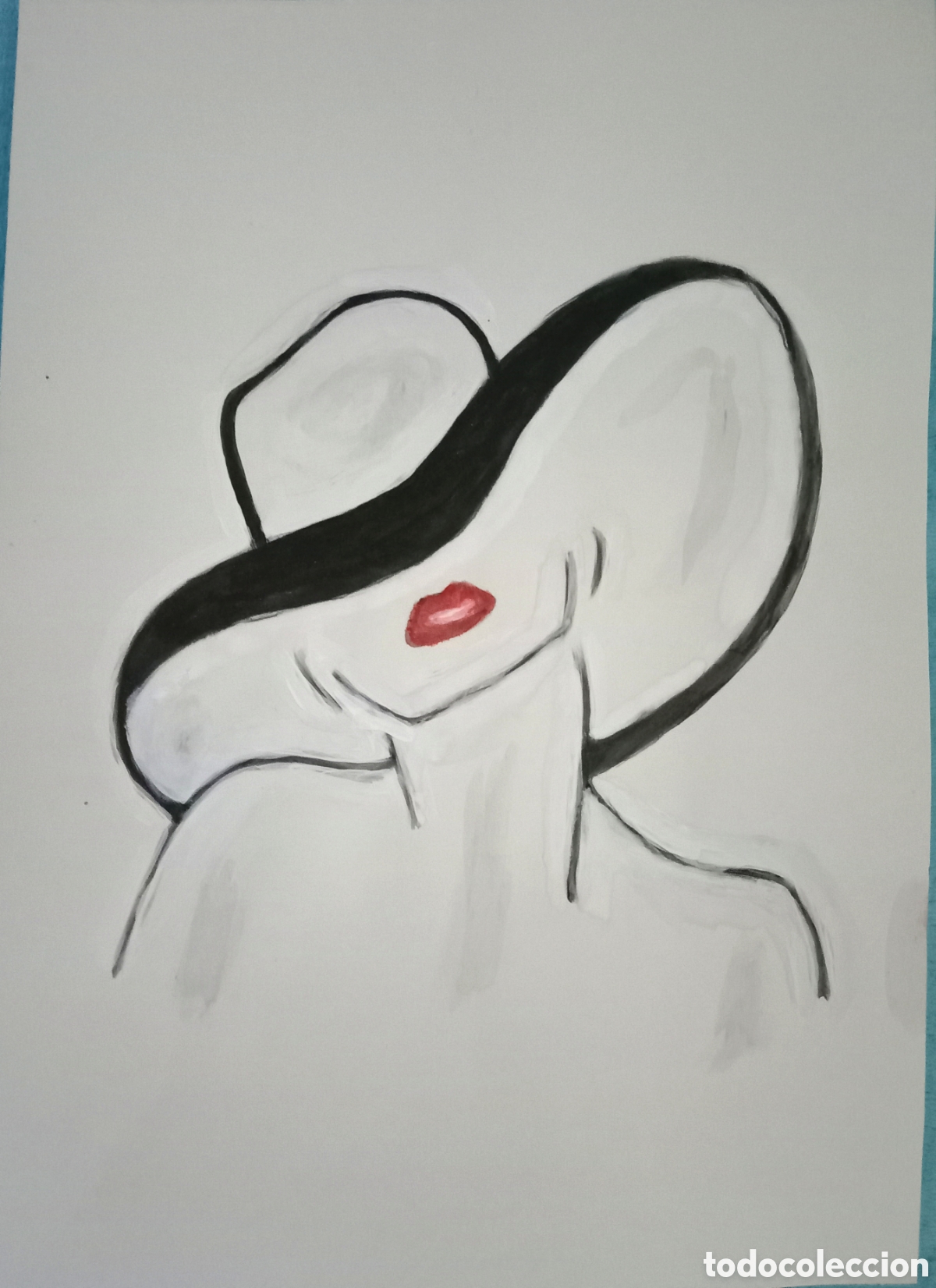 Arte: Original pintura mujer con sombrero trazos (19) (t&eacute;cnica mixta) acuarela y acr&iacute;lico sobre papel....