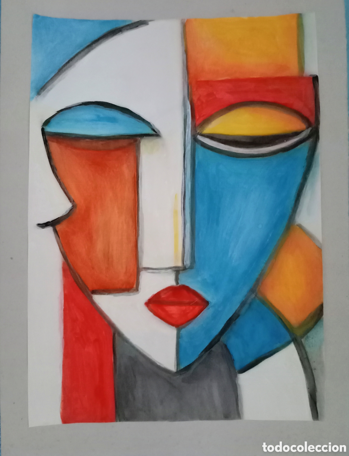 Arte: Original pintura cara abstracta (47) (t&eacute;cnica mixta) acuarela y acr&iacute;lico sobre papel cart&oacute;n doble...