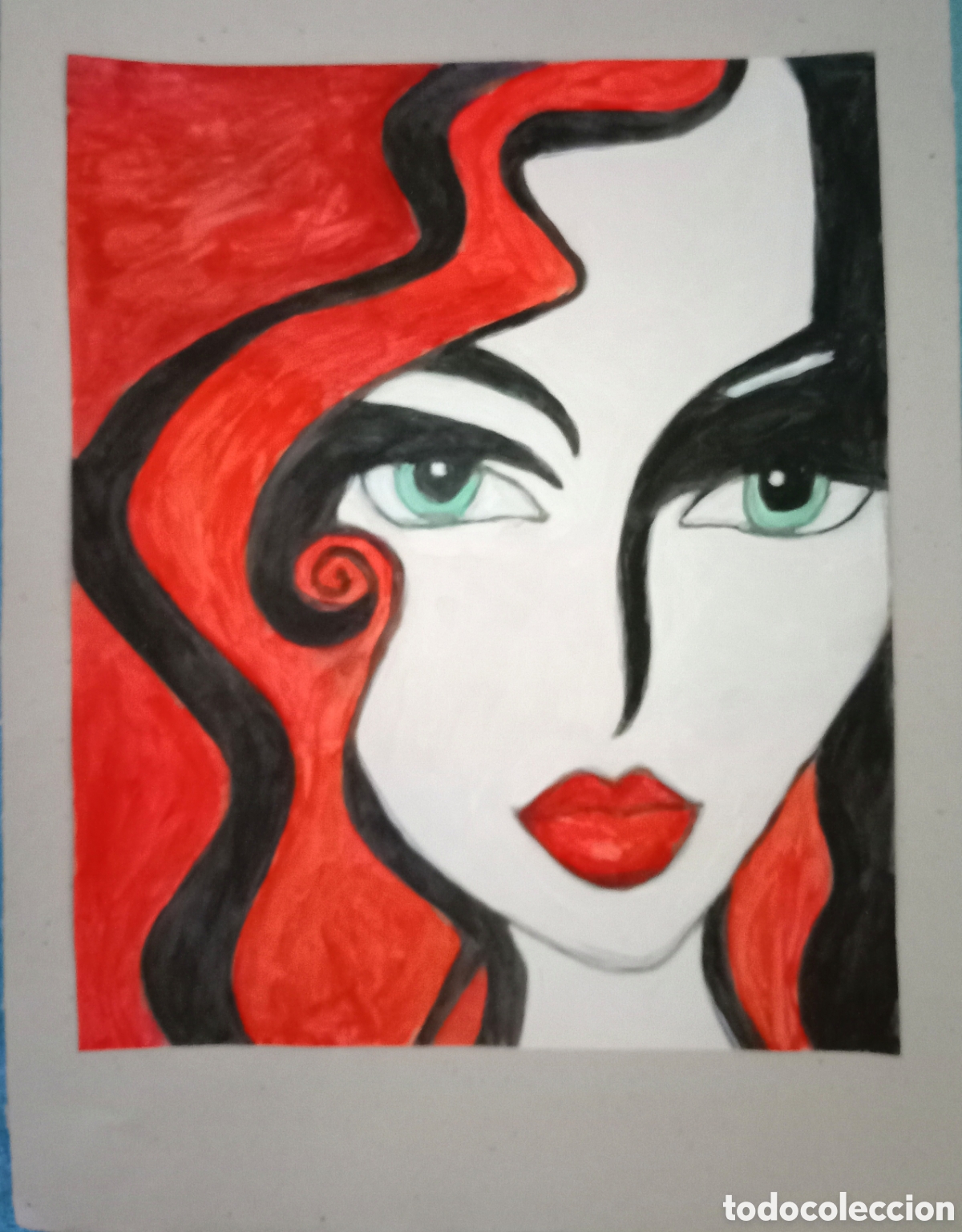 Arte: Original pintura cara abstracta (49) (t&eacute;cnica mixta) acuarela y acr&iacute;lico sobre papel cart&oacute;n doble..