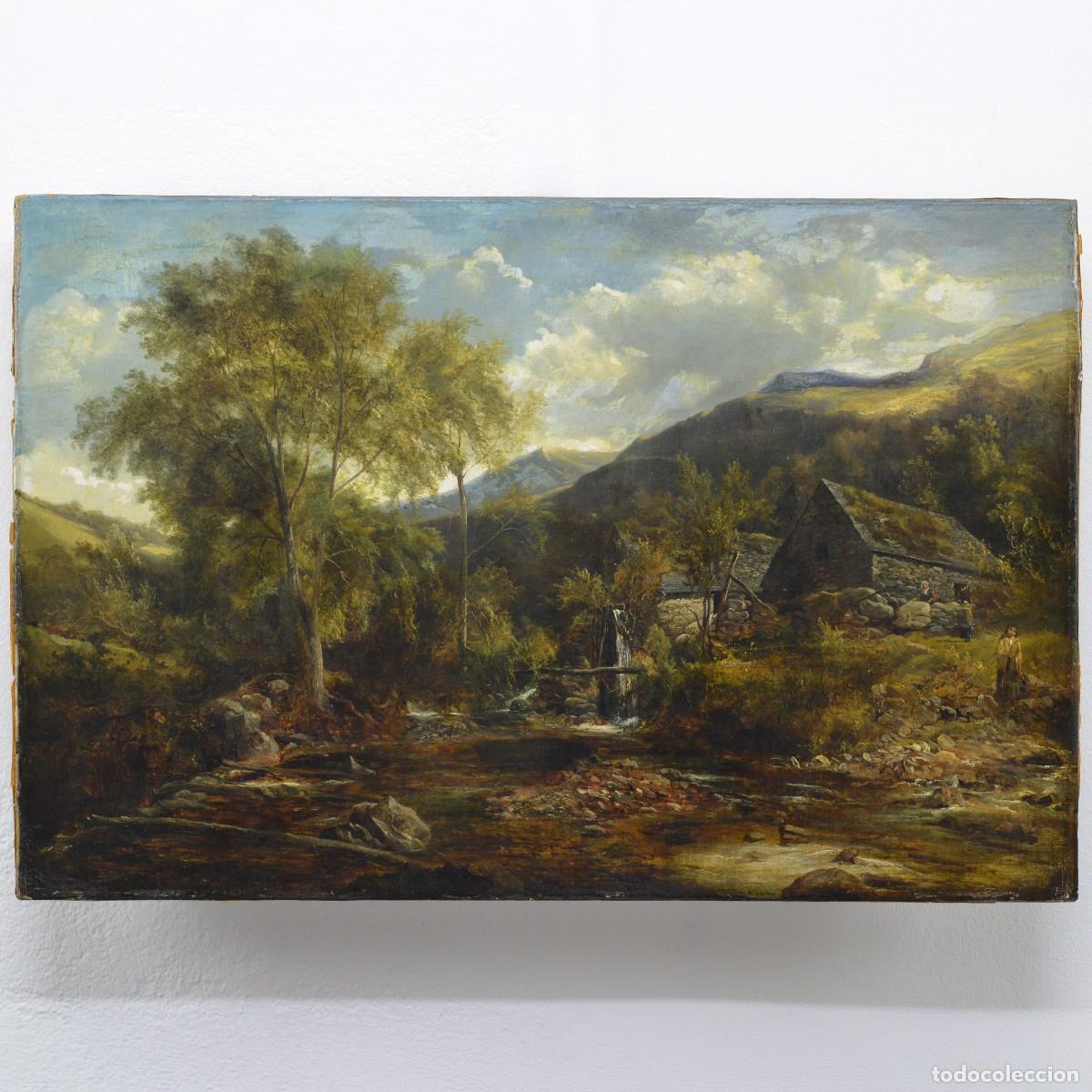 Arte: 19th Century British Romantic Mountain Landscape Watermill Scene Oil Canvas