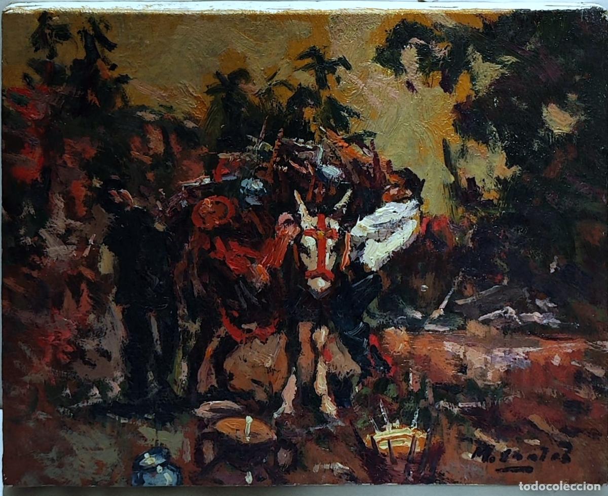 Arte: &Oacute;leo. Caballos. Atribuido a Manuel Santos. 27 x 22 cm