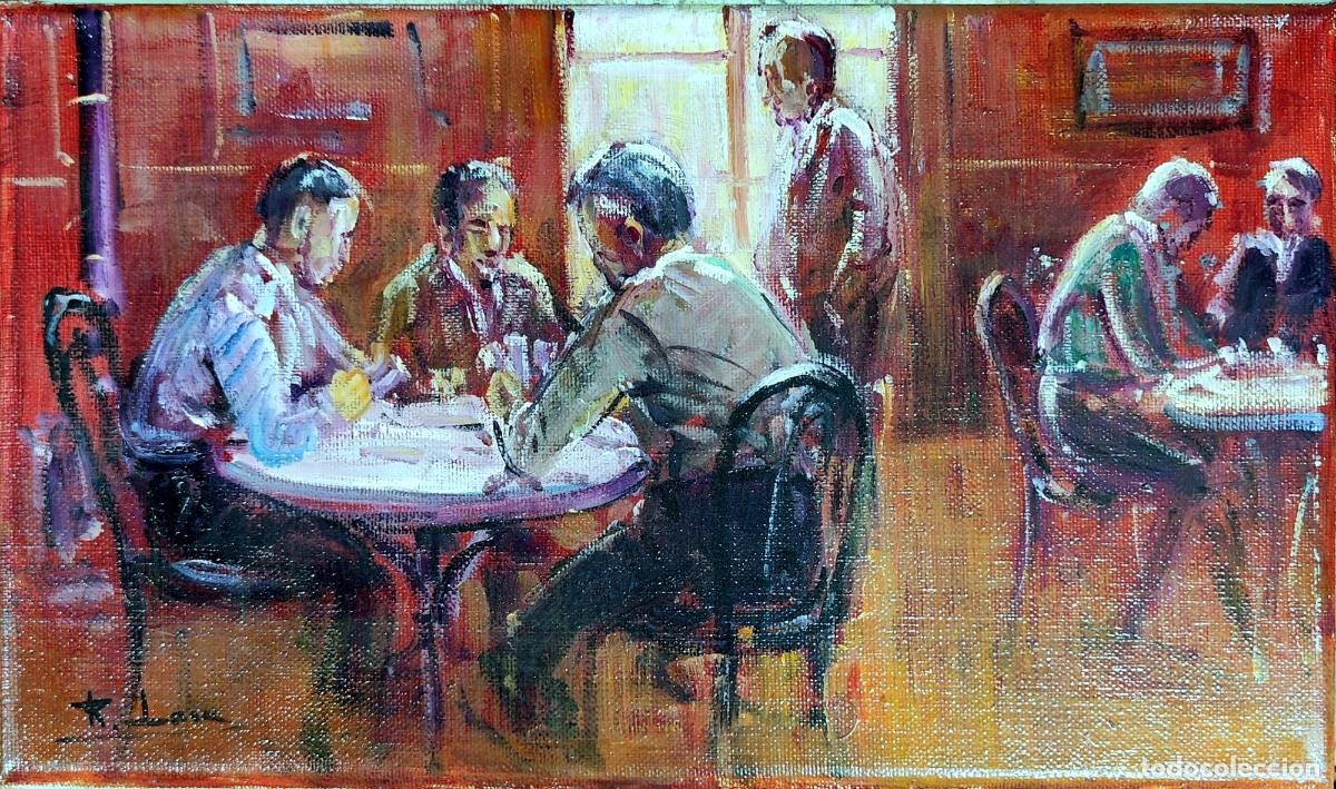Arte: &Oacute;leo de Rafael Lara. Interior de bar con figuras. 33x19,5 cm