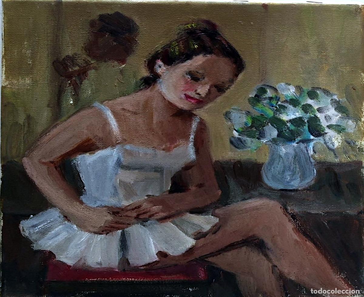 Arte: &Oacute;leo sobre lienzo. Bailarina sentada. Pintura contempor&aacute;nea.