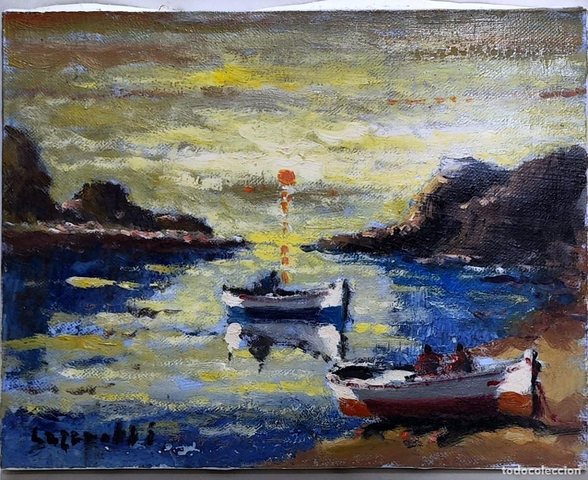 Arte: &Oacute;leo. Paisaje marino con barcas. Lazzaroti. 27x22 cm