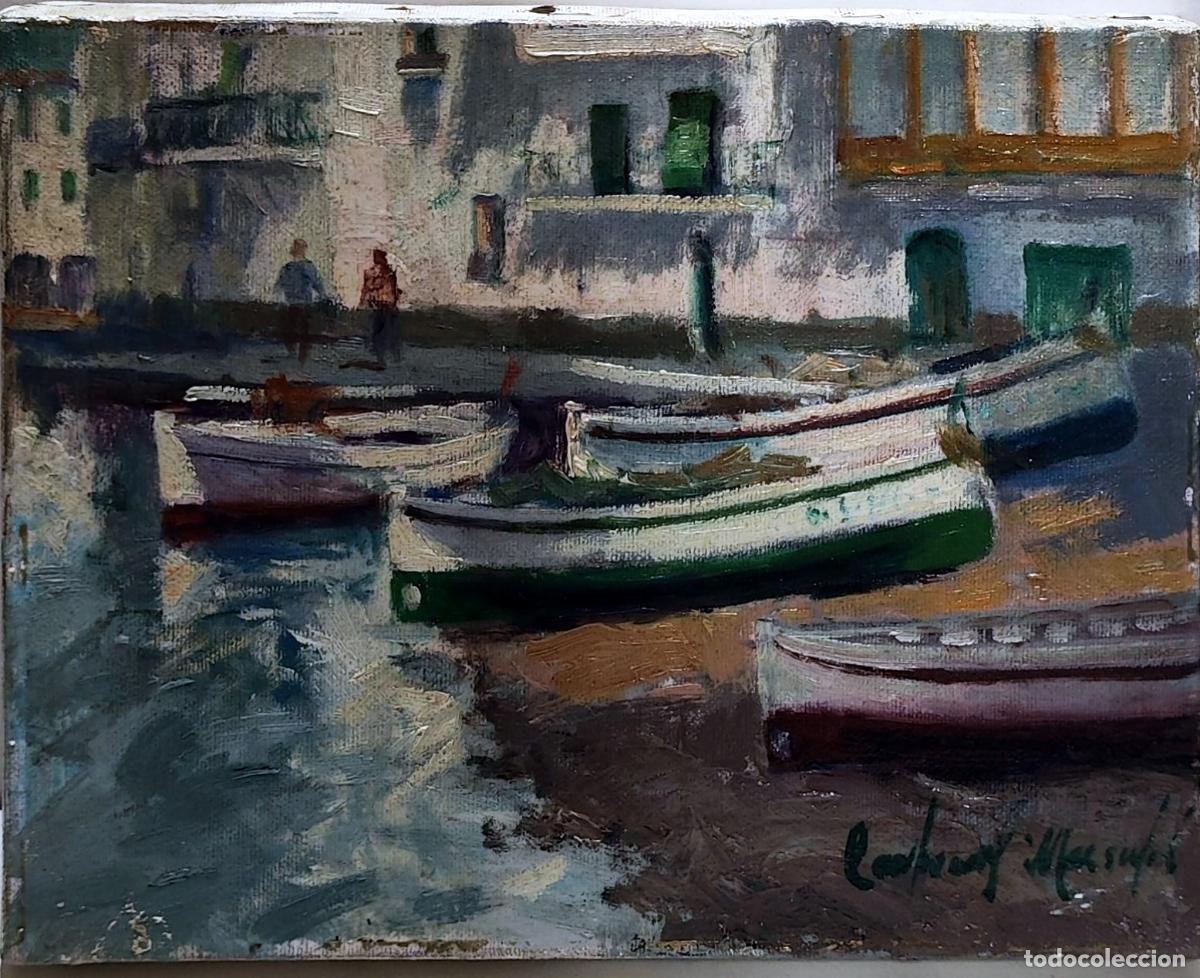 Arte: &Oacute;leo sobre lienzo. Barcas en puerto. Francesc Carbonell Massab&eacute;. 27 x 22 cm
