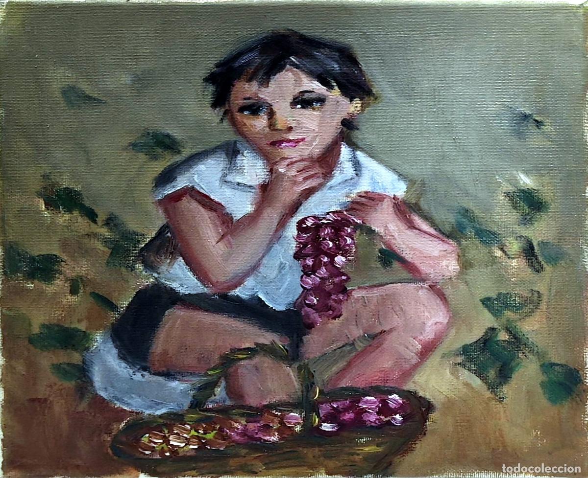 Arte: &Oacute;leo sobre lienzo. Ni&ntilde;a con racimo de uvas. Sin firma visible.
