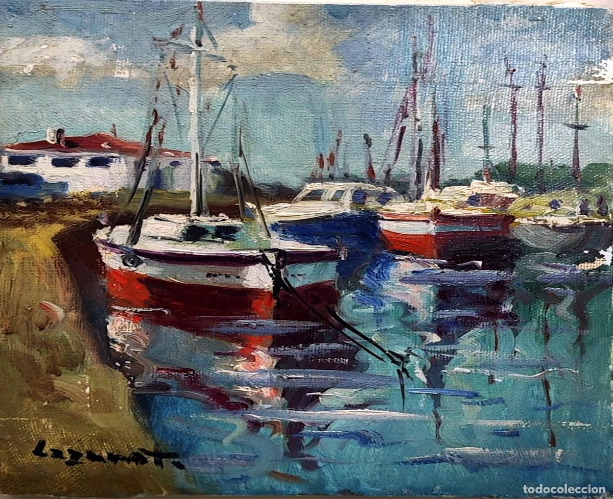 Arte: &Oacute;leo de Lazzaroti. Barcos en puerto. Pintura al &oacute;leo contempor&aacute;nea