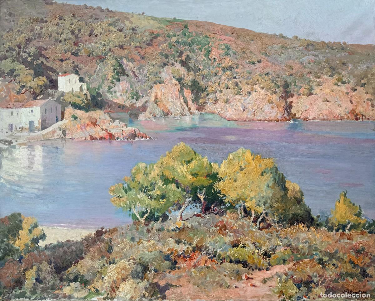 Arte: Josep Maria Vil&agrave; Ca&ntilde;ellas &ndash; Gran paisaje costero mediterr&aacute;neo con cala y pinos &ndash; &Oacute;leo sobre lienzo