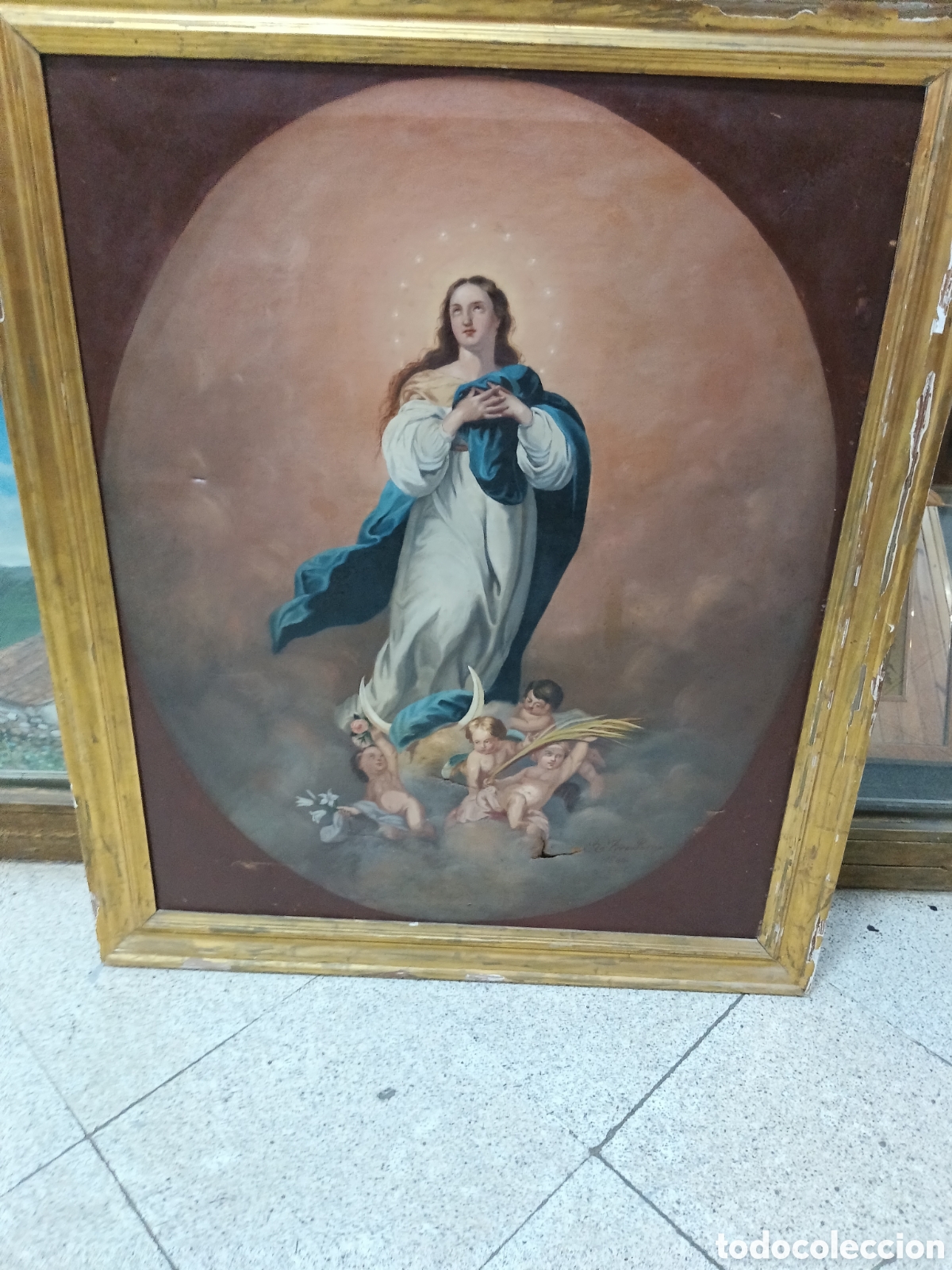 Arte: &Oacute;leo sobre lienzo con marco dorado en oro fino