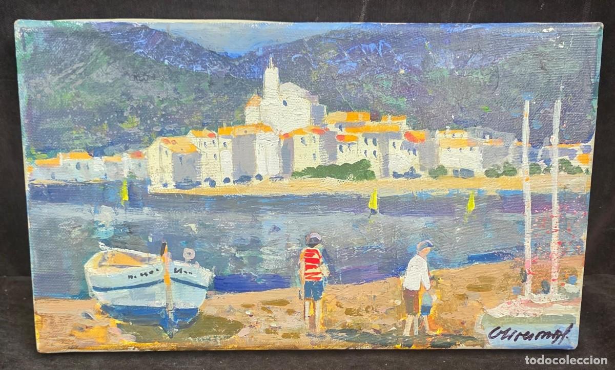 Arte: Pintura Original al &Oacute;leo sobre Lienzo &ndash; Paisaje Costero Mediterr&aacute;neo con Pueblo y Barcas &ndash; Firmada
