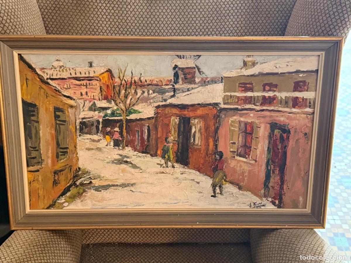 Arte: Antiguo &oacute;leo sobre lienzo de J. Ferr&eacute; - Paisaje urbano invernal / Calle nevada - Vintage A&ntilde;os 70
